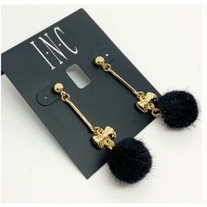 INC Trendy Black Pom Ball W/ Gold Tone Long Dangle Bar Bow Stud NEW